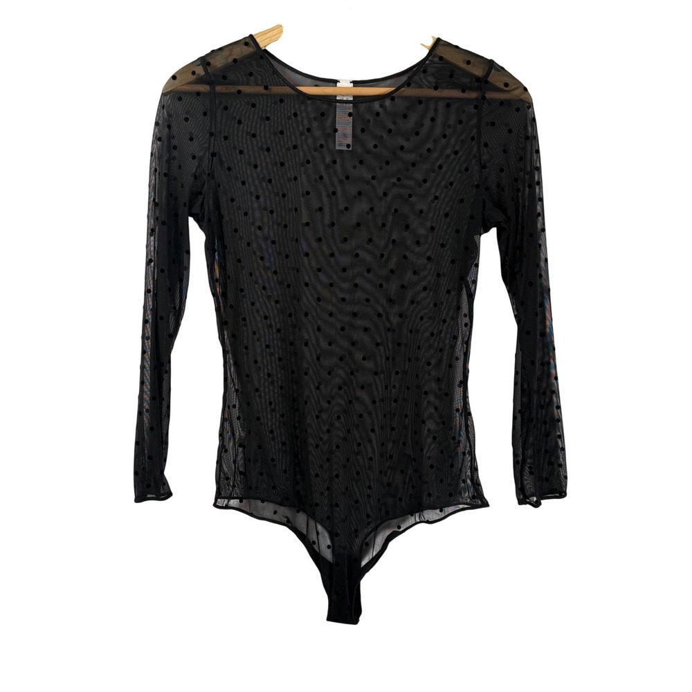 Spanx Sheer Fashion Mesh Thong Bodysuit Flocked Dot Long Sleeve Black Womens 1XL